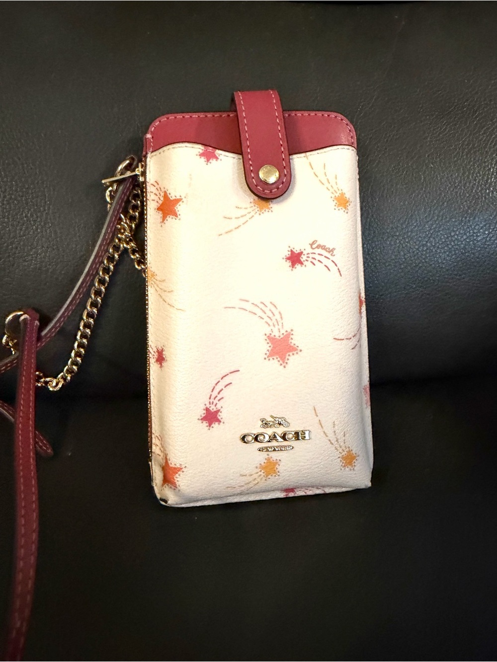 Coach Star Print Leather Crossbody Phone Case- Pink/White- Brand New
